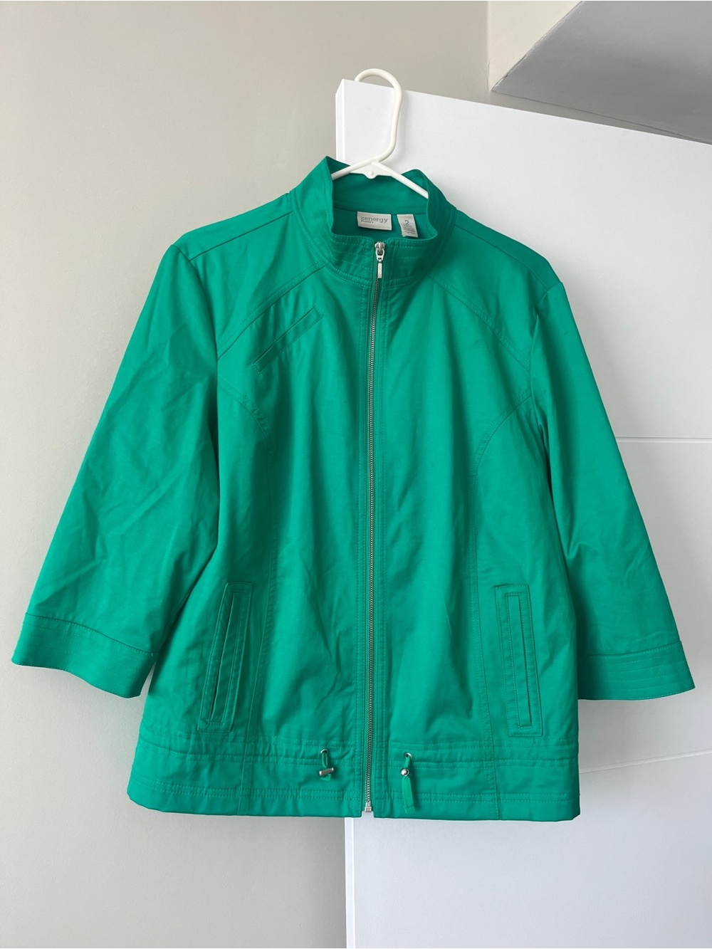 Chico’s 3/4 Sleeve Zip Front Vinny Jacket in Vivid Green size Large